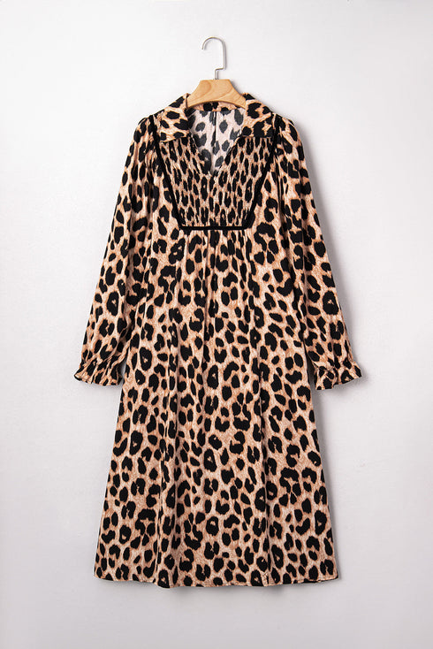 Leopard Print Smocked Western Flowy H Line Midi Dress