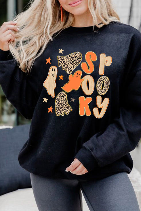 Leopard Print Spooky Ghost Graphic Pullover Sweatshirt