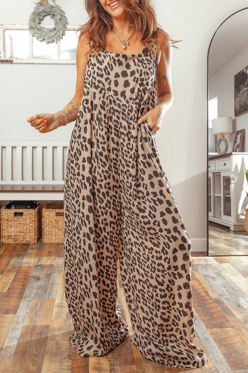 Leopard Print Square Neck Pleated Wide Leg Jumpsuit