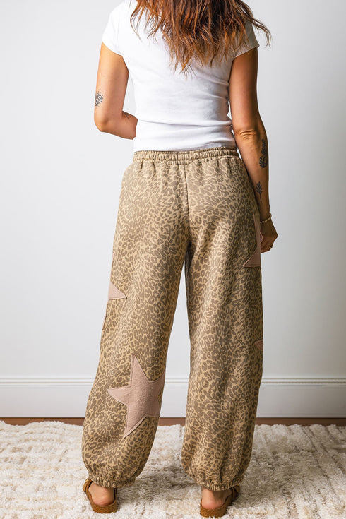 Leopard Print Star Patchwork Western Drawstring Jogger Pants