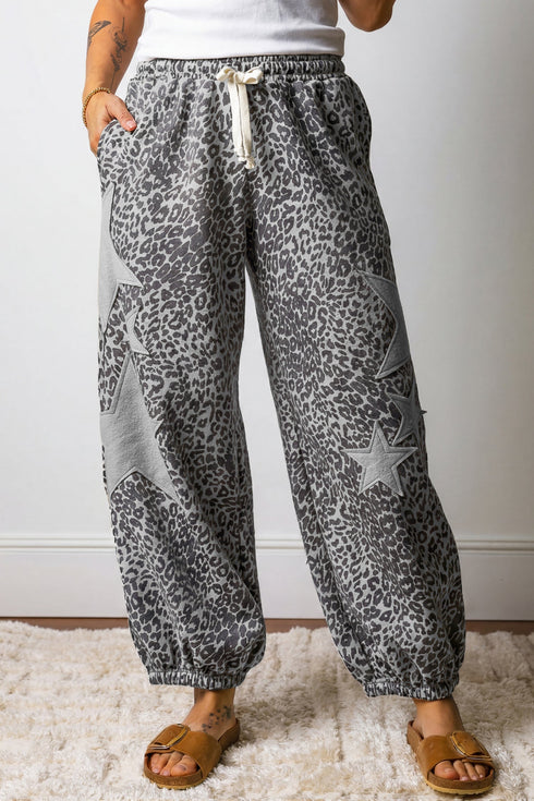 Leopard Print Star Patchwork Western Drawstring Jogger Pants
