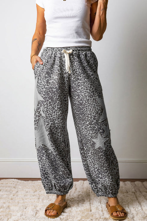 Leopard Print Star Patchwork Western Drawstring Jogger Pants