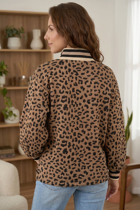 Leopard Print Striped Collar Textured Long Sleeve Pullover Top