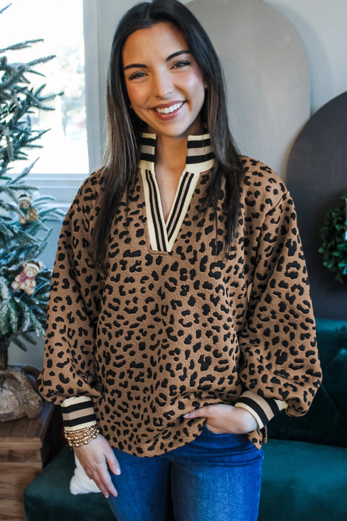Leopard Print Striped Collar Textured Long Sleeve Pullover Top
