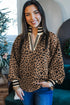 Leopard Print Striped Collar Textured Long Sleeve Pullover Top