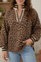 Leopard Print Striped Collar Textured Long Sleeve Pullover Top