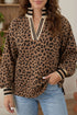 Leopard Print Striped Collar Textured Long Sleeve Pullover Top