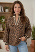 Leopard Print Striped Collar Textured Long Sleeve Pullover Top