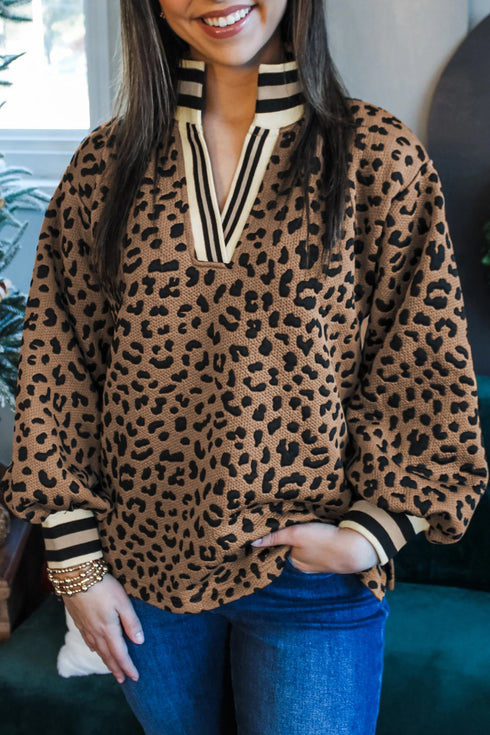 Leopard Print Striped Collar Textured Long Sleeve Pullover Top