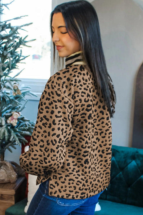 Leopard Print Striped Collar Textured Long Sleeve Pullover Top