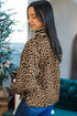 Leopard Print Striped Collar Textured Long Sleeve Pullover Top