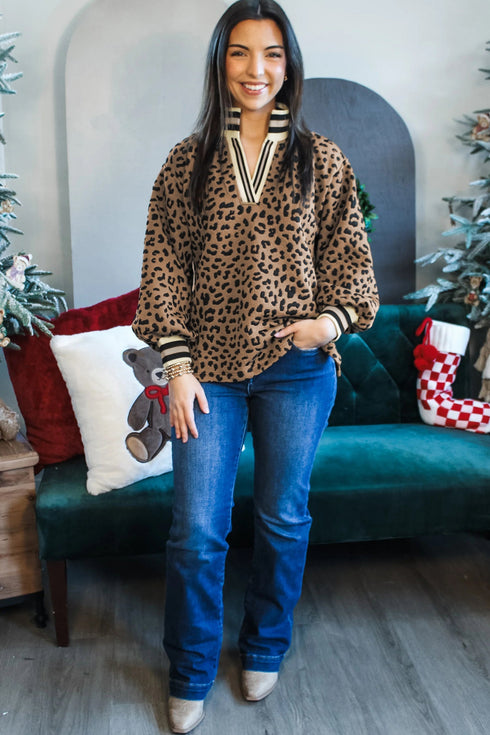 Leopard Print Striped Collar Textured Long Sleeve Pullover Top
