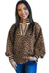 Leopard Print Striped Collar Textured Long Sleeve Pullover Top
