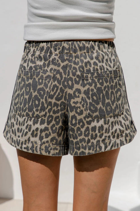 Leopard Print Striped Detail Drawstring Denim Shorts