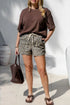 Leopard Print Striped Detail Drawstring Denim Shorts