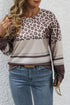 Leopard Print Striped Patchwork Crew Neck Long Sleeve Top