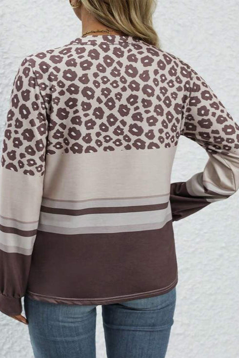 Leopard Print Striped Patchwork Crew Neck Long Sleeve Top