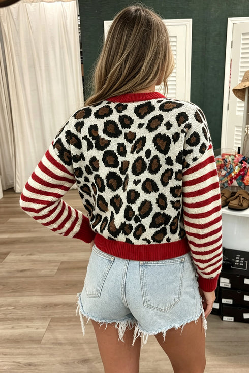 Leopard Print Striped Sleeve Round Neck Cropped Cardigan
