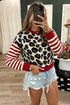 Leopard Print Striped Sleeve Round Neck Cropped Cardigan