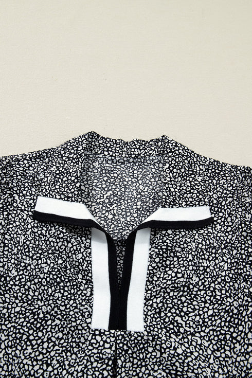 Leopard Print Striped Trim Polo Puff Sleeve Mini Dress