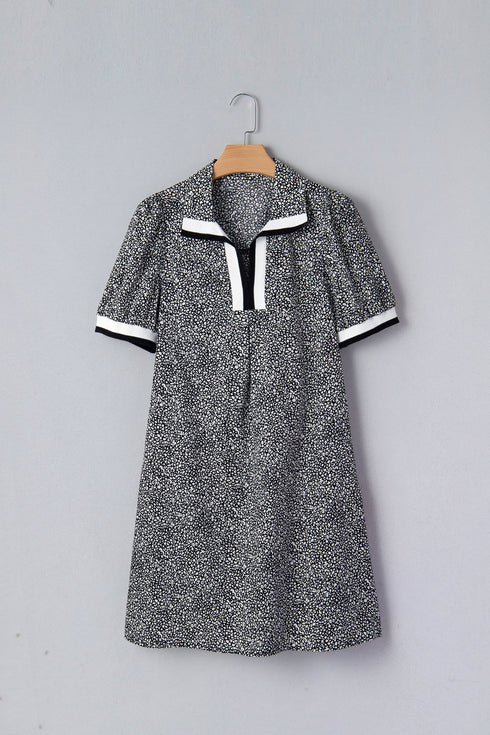 Leopard Print Striped Trim Polo Puff Sleeve Mini Dress