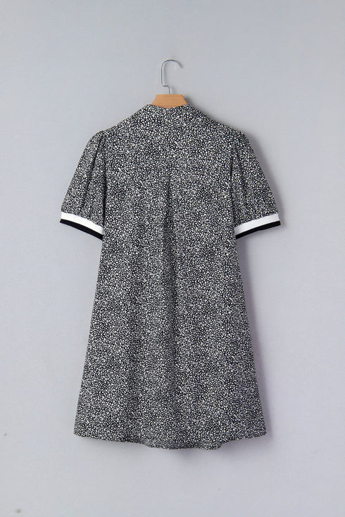 Leopard Print Striped Trim Polo Puff Sleeve Mini Dress