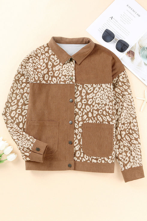 Leopard Print Textured Corduroy Long Sleeve Jacket