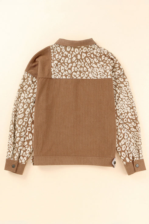 Leopard Print Textured Corduroy Long Sleeve Jacket