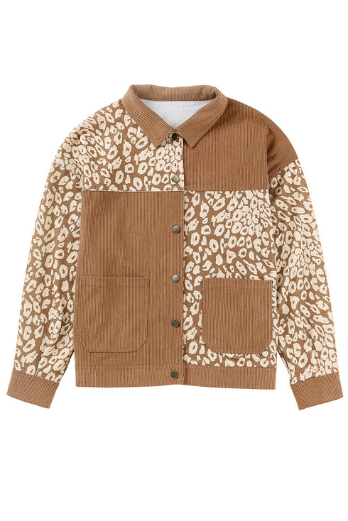 Leopard Print Textured Corduroy Long Sleeve Jacket