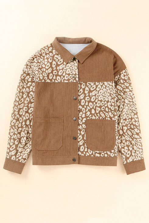 Leopard Print Textured Corduroy Long Sleeve Jacket