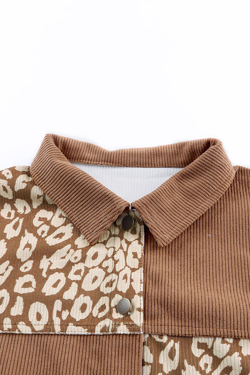 Leopard Print Textured Corduroy Long Sleeve Jacket
