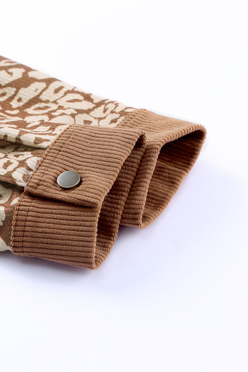 Leopard Print Textured Corduroy Long Sleeve Jacket