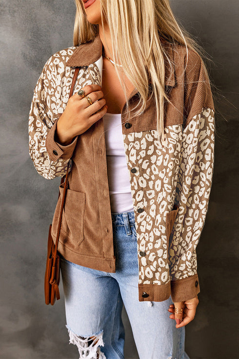 Leopard Print Textured Corduroy Long Sleeve Jacket