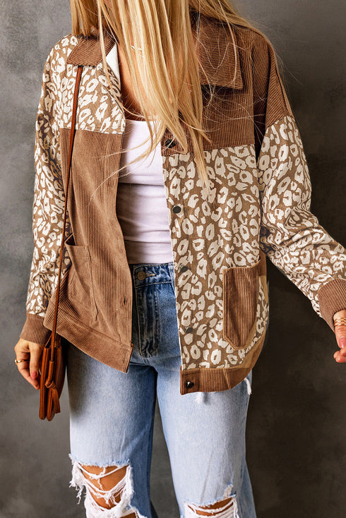 Leopard Print Textured Corduroy Long Sleeve Jacket