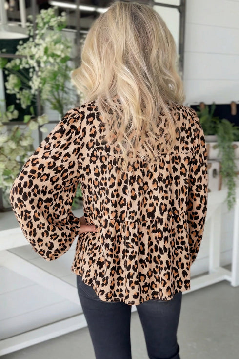 Leopard Print Tie Front Puff Sleeve Woven Blouse