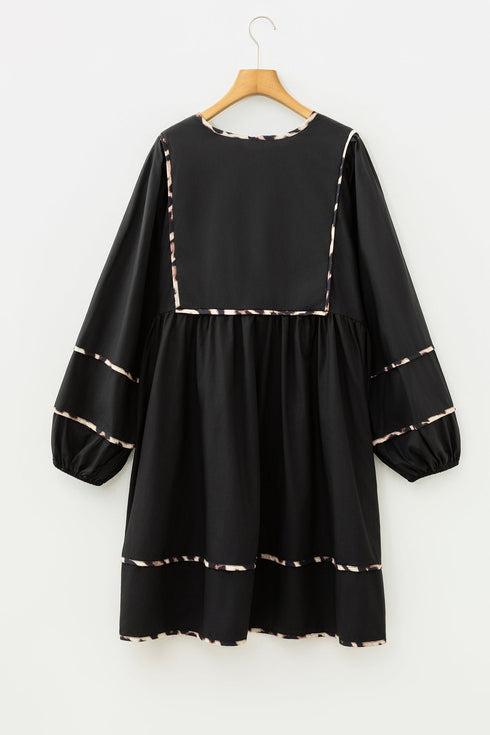 Leopard Print Tie Neck Long Sleeve Flared Mini Dress