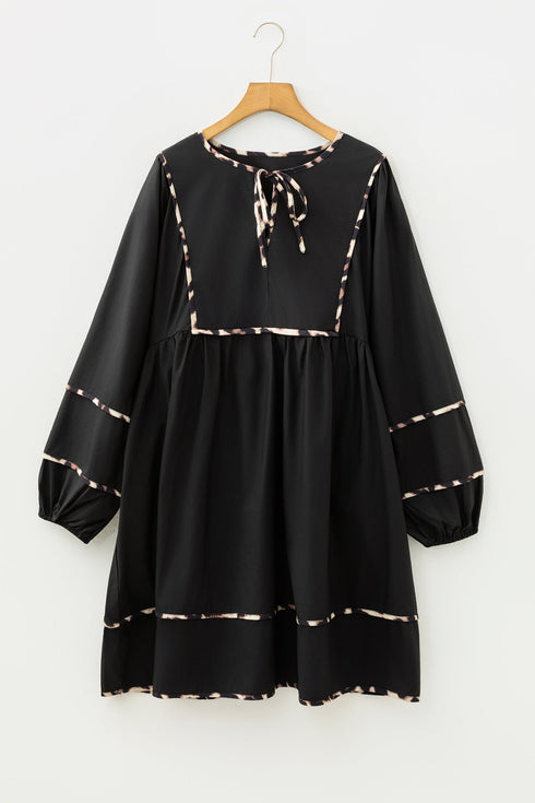 Leopard Print Tie Neck Long Sleeve Flared Mini Dress