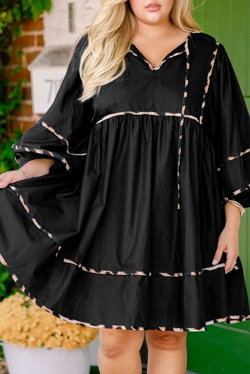Leopard Print Tie Neck Long Sleeve Flared Mini Dress