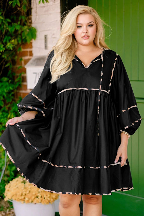 Leopard Print Tie Neck Long Sleeve Flared Mini Dress