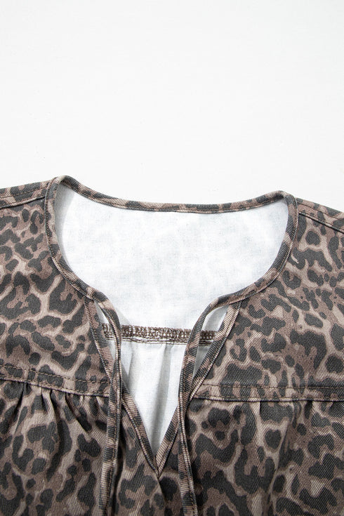 Leopard Print Tie Neck Puff Sleeve Denim Babydoll Top