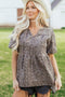 Leopard Print Tie Neck Puff Sleeve Denim Babydoll Top
