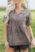 Leopard Print Tie Neck Puff Sleeve Denim Babydoll Top