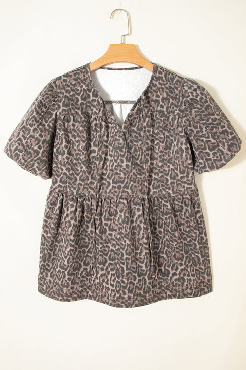 Leopard Print Tie Neck Puff Sleeve Denim Babydoll Top