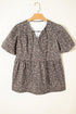 Leopard Print Tie Neck Puff Sleeve Denim Babydoll Top