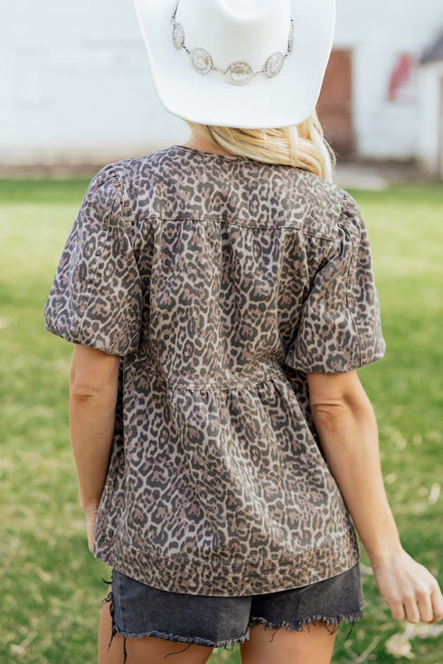 Leopard Print Tie Neck Puff Sleeve Denim Babydoll Top