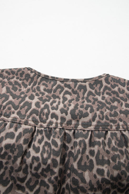 Leopard Print Tie Neck Puff Sleeve Denim Babydoll Top