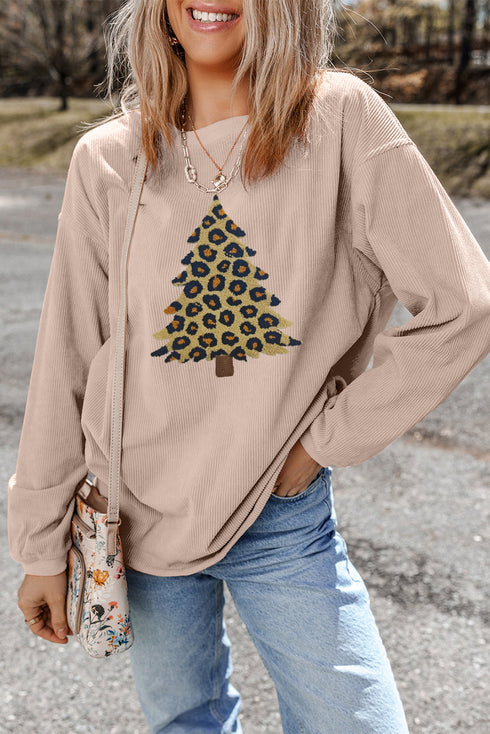Leopard Print Tree Graphic Corduroy Pullover Sweatshirt