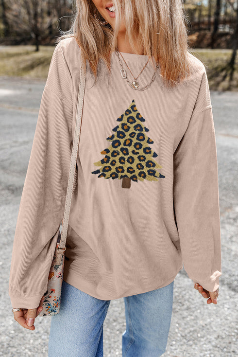 Leopard Print Tree Graphic Corduroy Pullover Sweatshirt