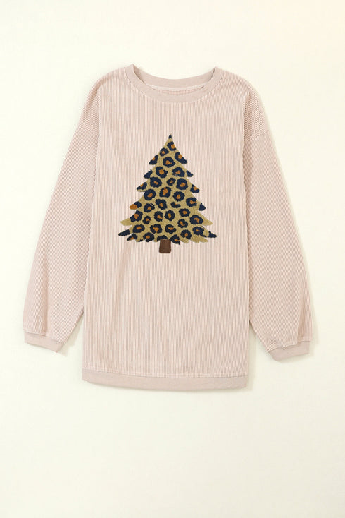 Leopard Print Tree Graphic Corduroy Pullover Sweatshirt