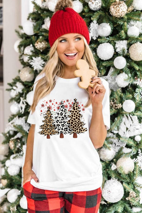 Leopard Print Tree Graphic Crewneck Short Sleeve Tee